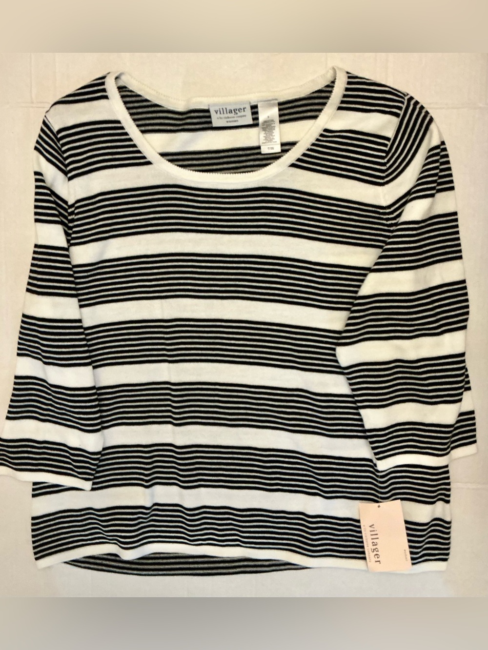 NWT Villager by Liz Claiborne Black White Striped Cotton Sweater 3X Nautical